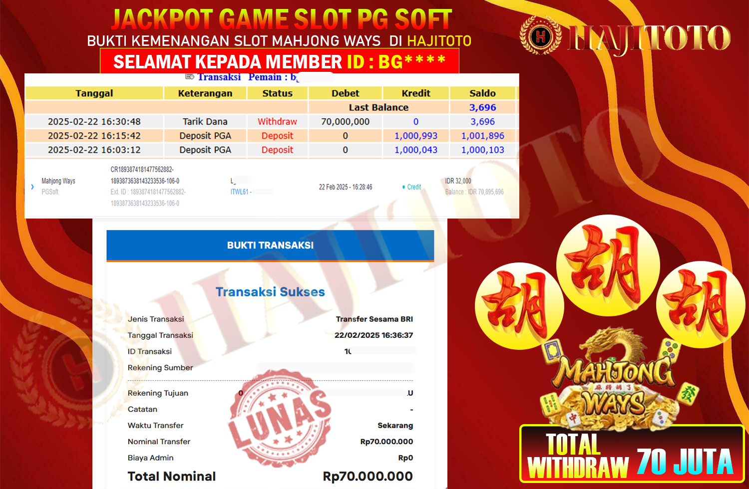 SELAMAT KEPADA PEMENANG MEMBER MERAIH JACKPOT DI GAME MAHJONG WAYS  TOTAL RP 70.000.000 DI BAYAR LUNAS